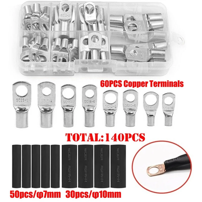 60/140/220/260PCS Ring Terminal Cable Shoes Lugs 6-25mm2 Tinned Copper Lug Wire Eye Connectors Bare Terminal Lug Wire Copper Kit
