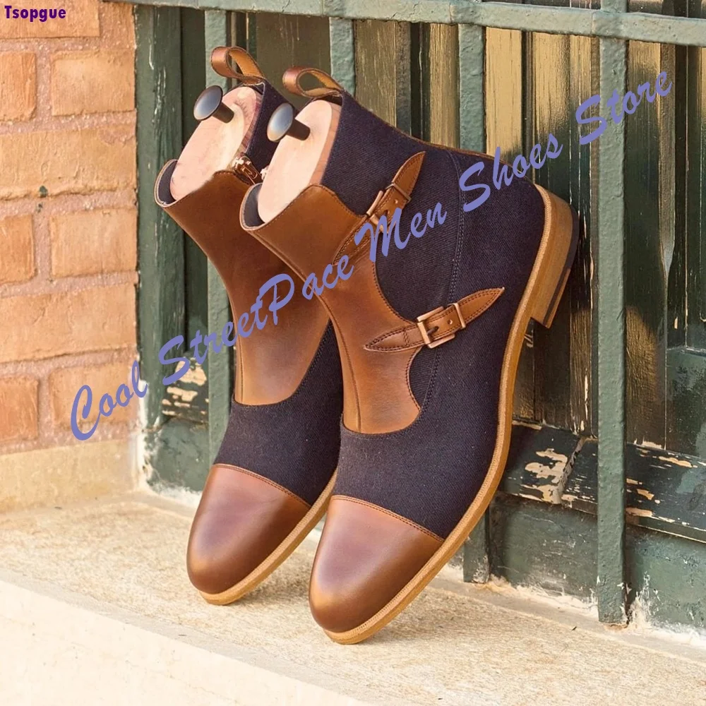 Vintage Men Patchwork Ankle Boots Brown Leather Dark Canvas Double Buckle Pointed Toe Handmade Business Casual Short Boots