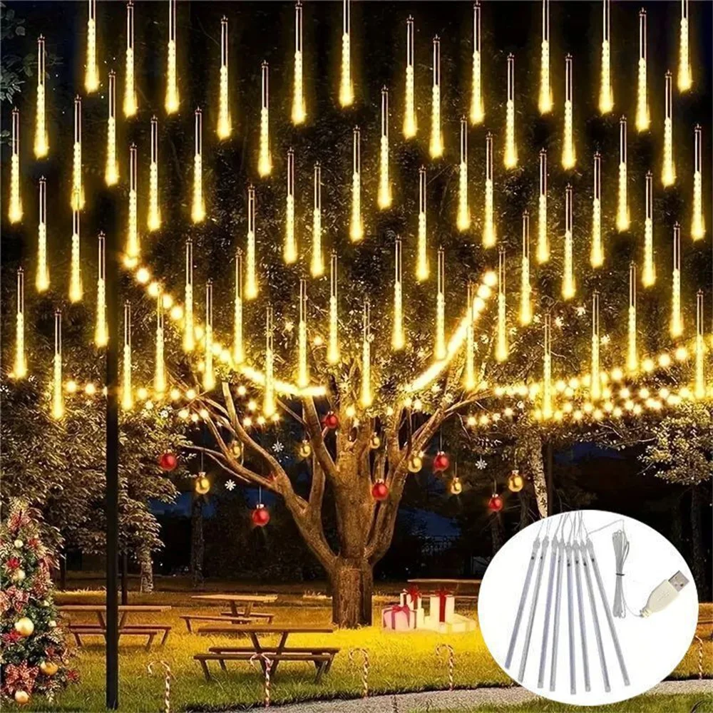 

Уличные рождественские огни с метеоритным дождем, USB-разъем, 8 трубок, светодиодные подвесные гирлянды для садовой елки, праздничная вечеринка, декоративная лампа