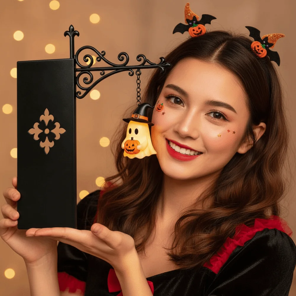 Wrought Iron Street Lamp Bookends Button Cell Battery Powered Hollow Out LED Glowing Lantern Matte Black Retro Style