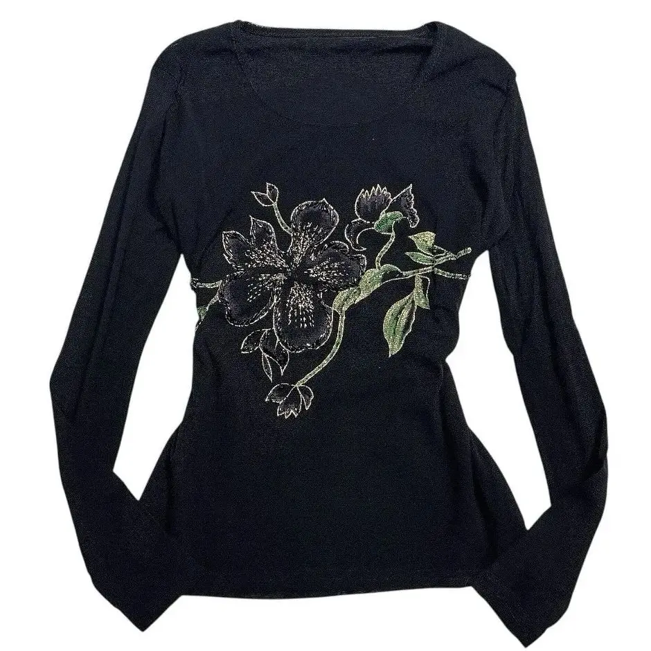Y2K women's slim fit black long sleeved antique printed T-shirt simple daily versatile autumn and winter base shirt