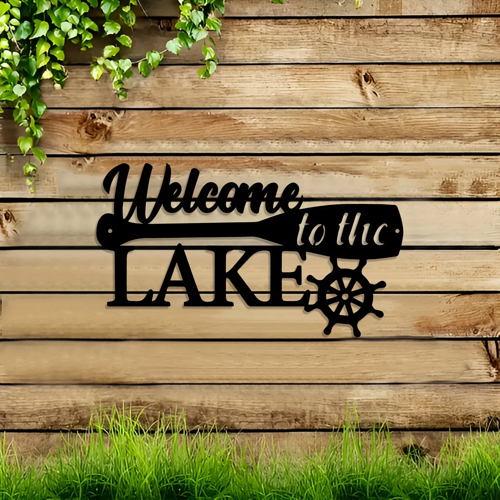 Metal Vintage Rustic Welcome to The Lake Metal Wall Art Sign - Black Iron Outdoor Decoration with Boat Paddle Design