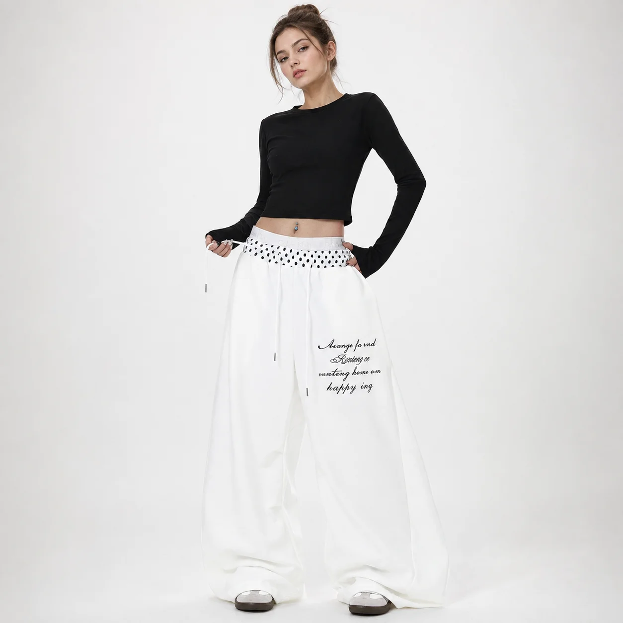 EOENKKY Women Wide Leg Sweatpants Contrast Double Waist Drawstring Baggy Pants Streetwear White Navy S-2XL