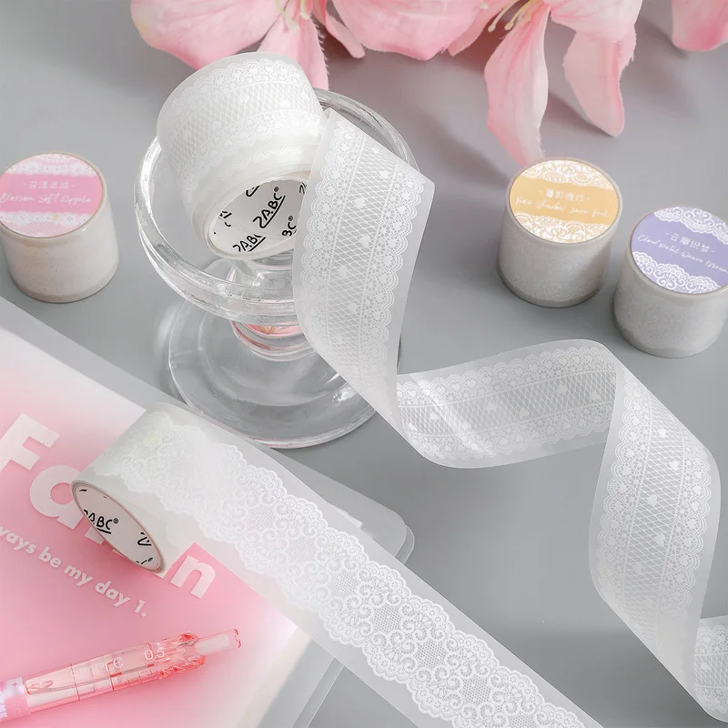 1Roll White Lace Vellum Washi Tape Stickers, Translucent Decorative Masking Tape for Journal Scrapbook Collage Card Making