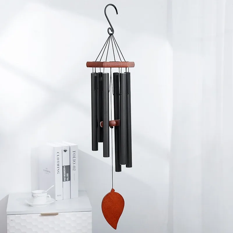 Solid Wood Nordic Wind Chimes Handmade Smooth Maple Leaf Balcony Wind Chimes Black Metal Pipe Creative Luxury Modern Home Decor