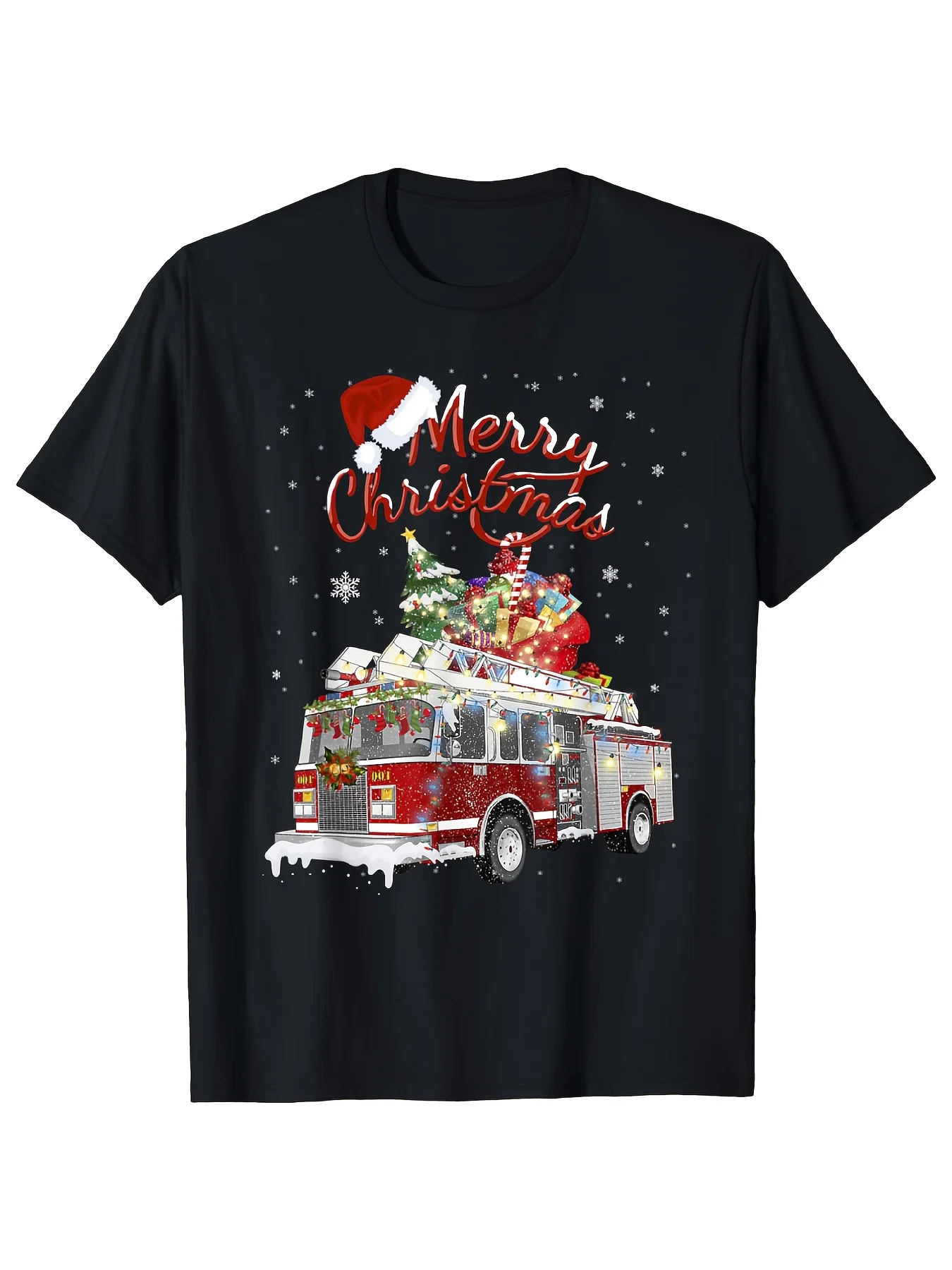 A Humorous T-Shirt Featuring a Firetruck, Santa, And a Firefighter, Perfect for Christmas. This Casual And Comfy Round-Neck Tee Is Suitable for All Seasons, Weighing 220G. It'S a Trendy Choice for Men, Made from Pure with a Stylish Print