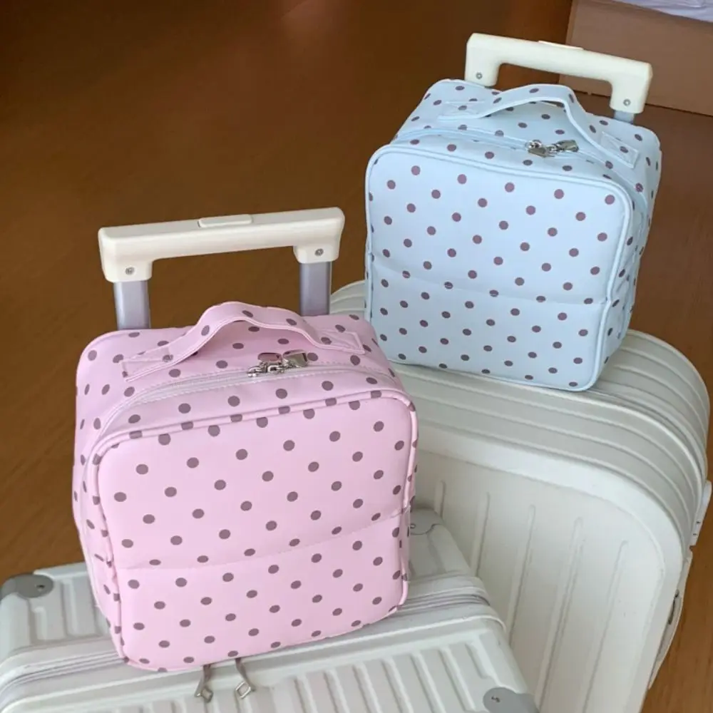 Polka Dot Handheld Makeup Bags Multi-Partition Large Capacity Toiletry Pouch with Mirror Portable Cosmetics Handbag Travel Use
