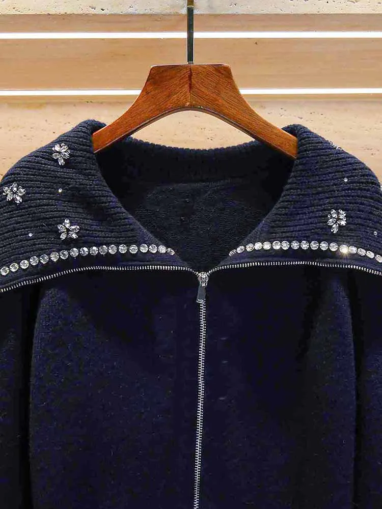 

MIGII High-End European Sle Women's Knitted irt with Rhinestone Navy Collar College Sle Long Sve Regular Fit Top