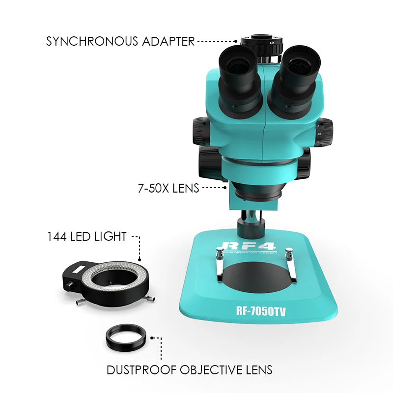 RF4 7-50X Continuous Zoom Magnification Observation Welding Thermal Insulation Silicone Pad Stereoscopic Microscope RF7050TV