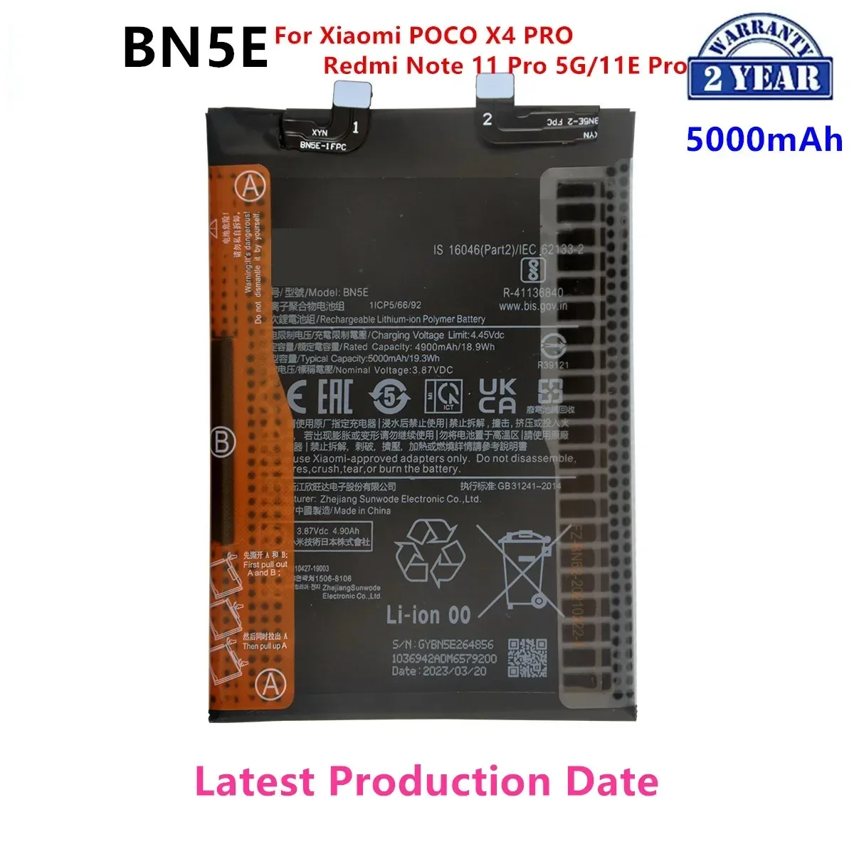 Brand New  BN5E 5000mAh For Xiaomi Redmi Note 11 Pro 5G/ 11EPro /POCO X4 PRO Phone Replacement Batteries+Tools