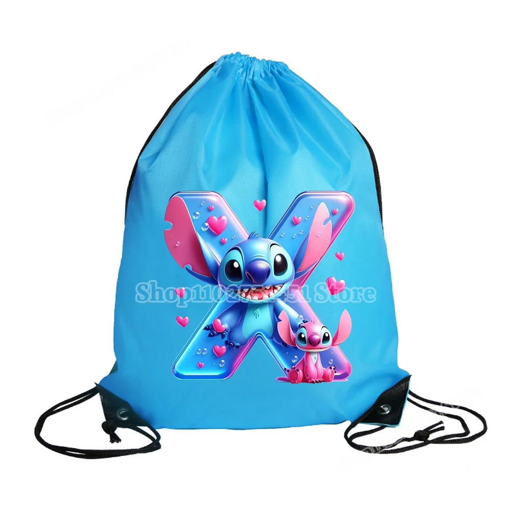 Disney Stitch Letter A-Z Print Drawstring Backpack Polyester Fiber Draw String Bags Men Women Gym Sport Mochila Portable Pouch