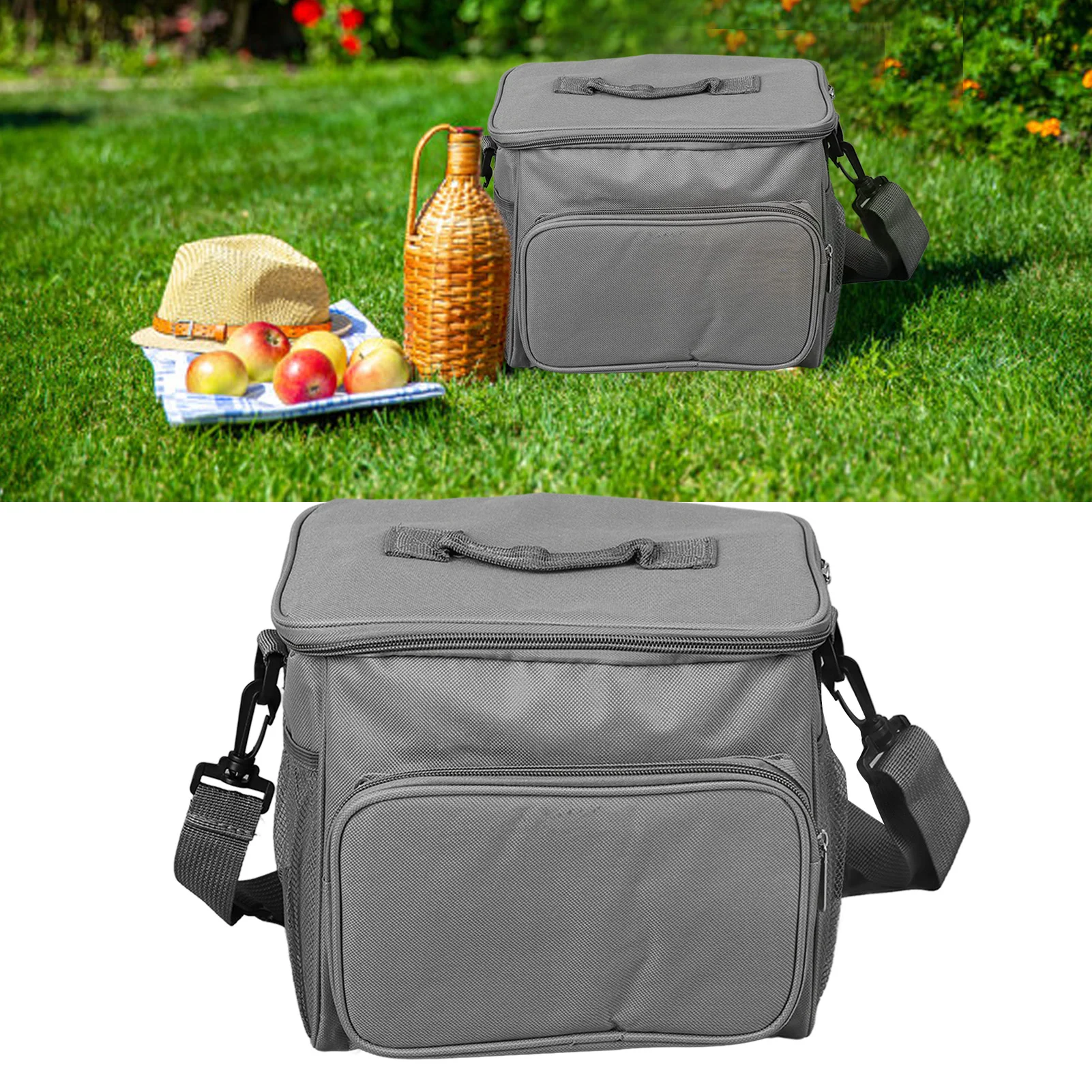 Large Lunch Bag Leakproof Insulated Lunch Box Gray 10L Handheld Shoulder Lunch Bag for Work Office Picnic Beach Travel Lunch Bag