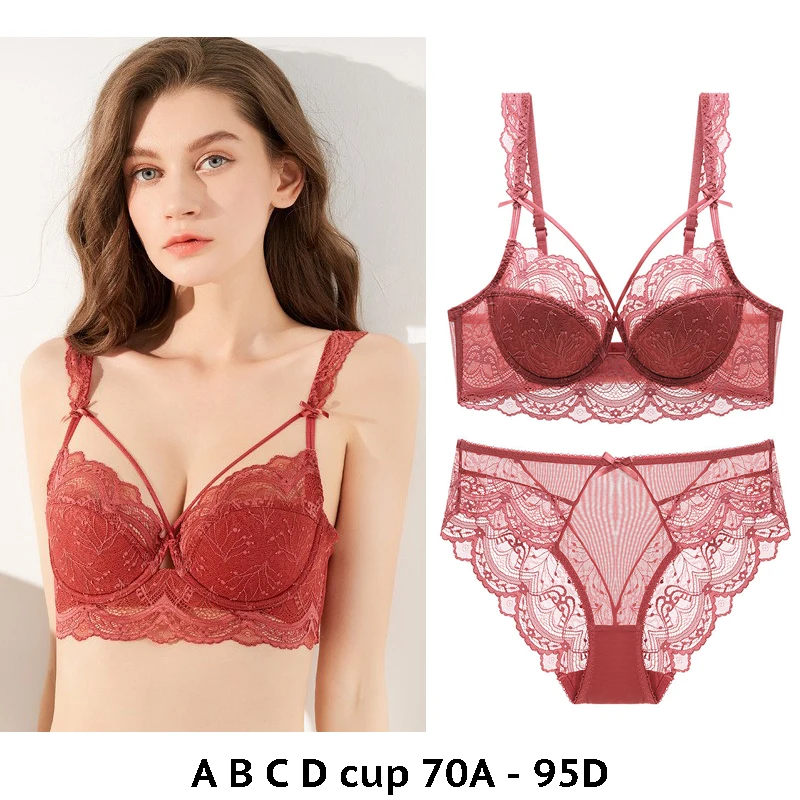 

high quality sexy women bras and brief set push up thin lace A B C D cup comfortable wire summer lingerie underwear black red