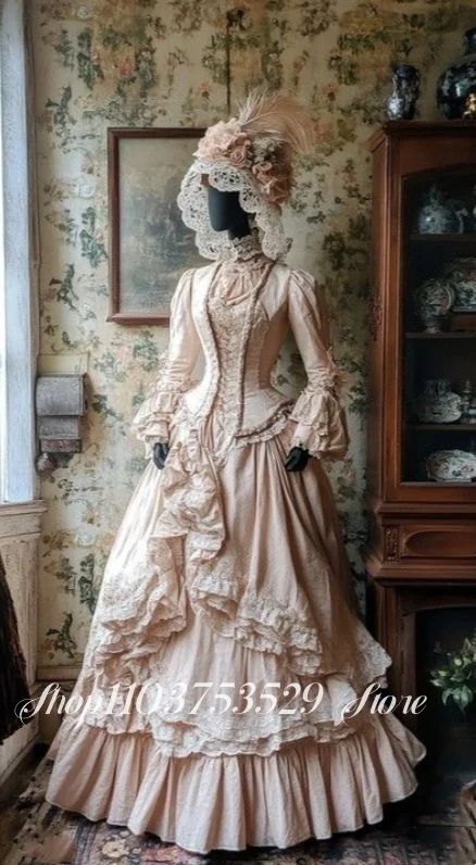 مخصص الوردي الفيكتوري الكرة ثوب الدانتيل تقليم مشد تنورة كاملة بأكمام طويلة الدانتيل خمر ثوب مسائي الكونتيسة زي #1