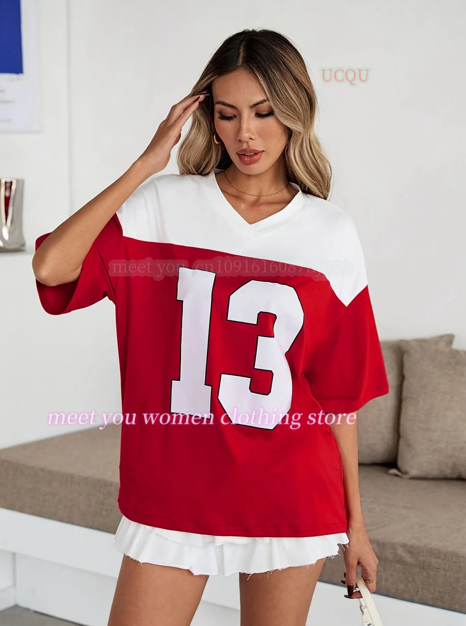 

Women 5 colorsNumber 13 Print V-Neck Short Sleeve T-Shirt Summer Graphic Tee Baseball Jerseys Stripe Oversized Sport T-Shirt