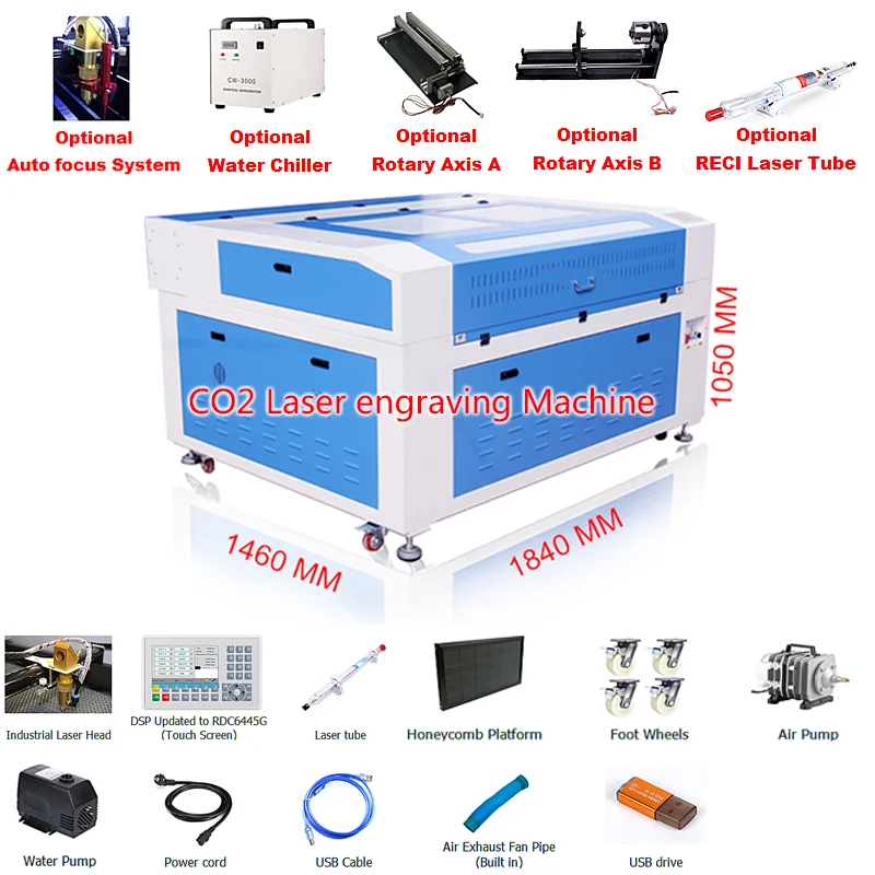 LY DSP1390 USB CO2 Laser Engraving Cutting Machine Optional  Water Chiller CW3000 CW5000 Auto Focus Linear Guide Rotary Axis