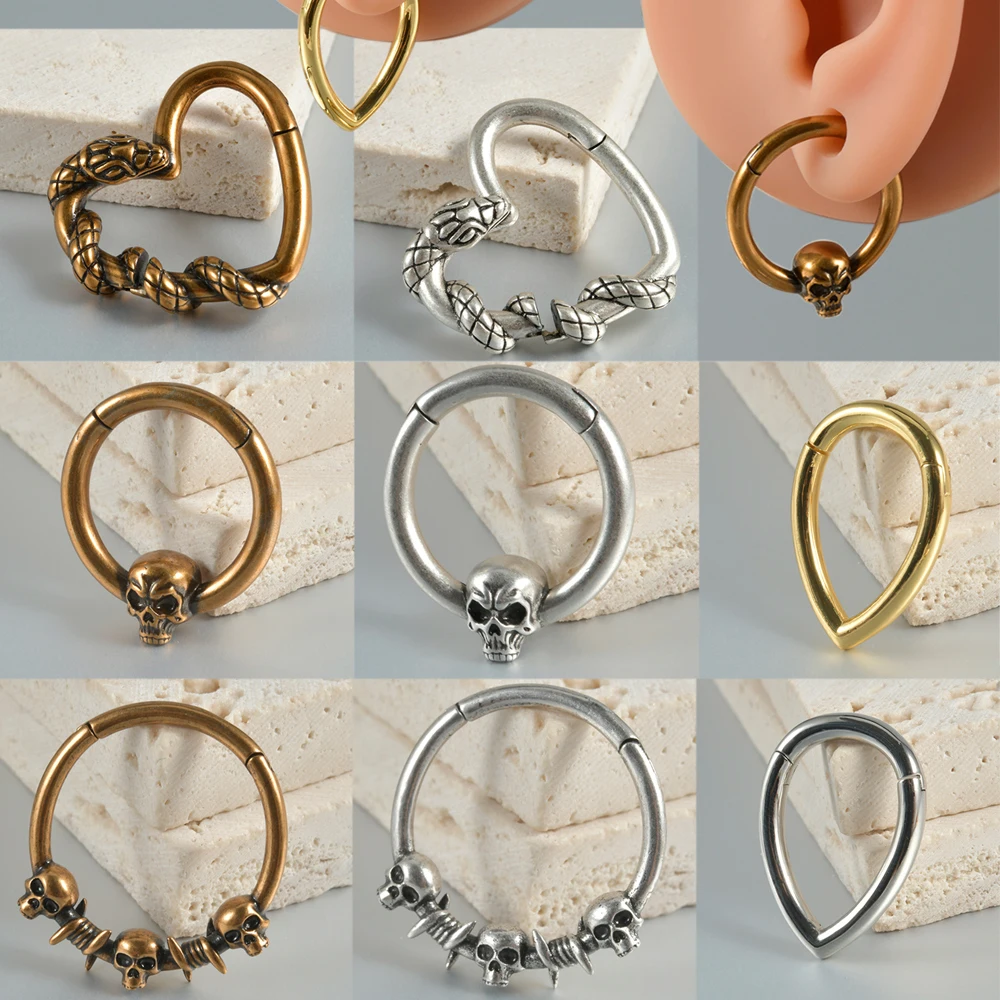 1-2PCS Retro Copper Snake Skull Water Drop Segment Hinger Ear Weight Nose Septum Conch Ear Strengther Expansion Plug Earring