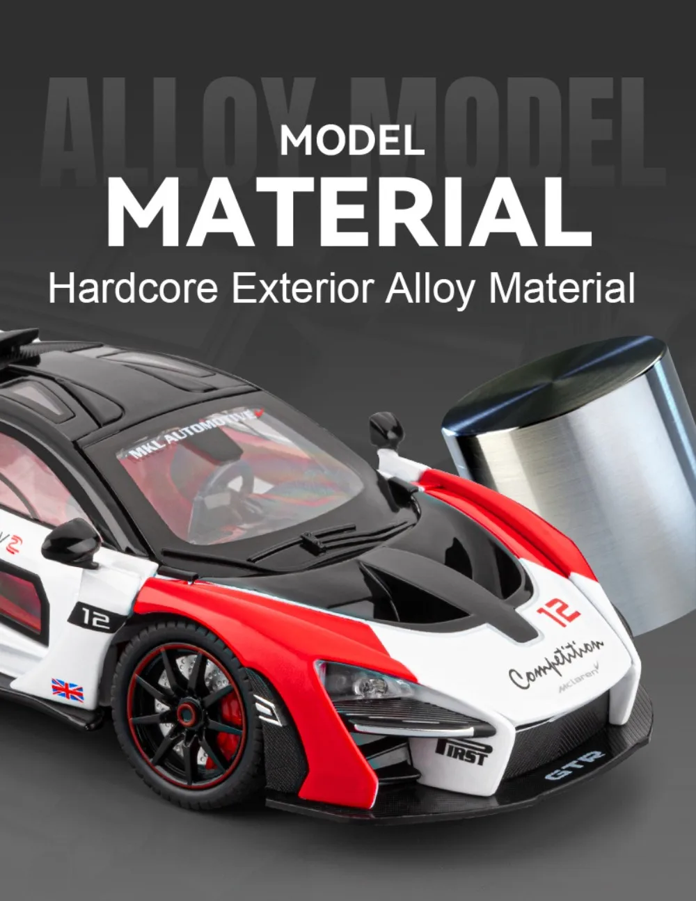 1:24 Senna GTR 720S Miniature Model Alloy Diecast Sports Car Toys Front Wheel Steering Sound Light Pull Back Boys Festival Gifts