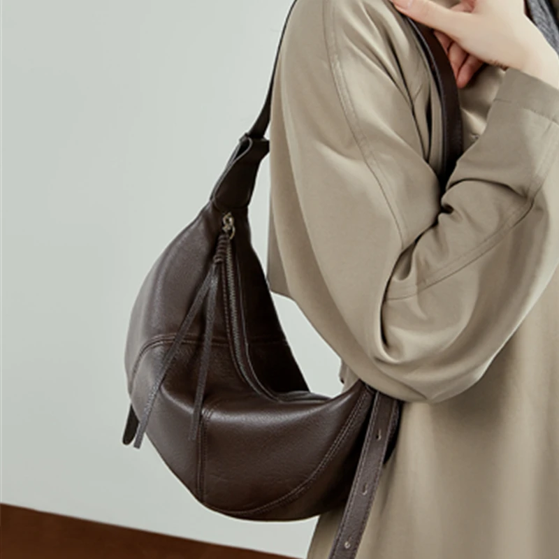 

Toptrends Cowhide Genuine Leather Soft Croissant Crossbody Bags For Women 2025 Luxury Designer Office Shoulder Ladies Handbags