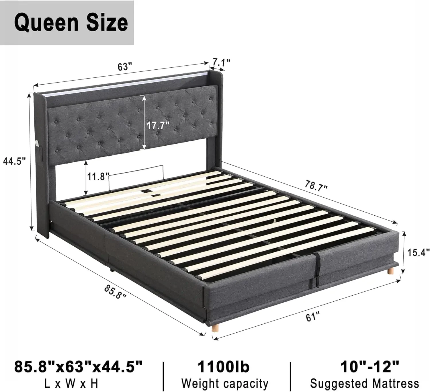 Lift Up Storage Queen Bed, Upholstered Platform Bed with Button Tufted Wingback Storage Headboard, Bed Frame Queen Size with Led