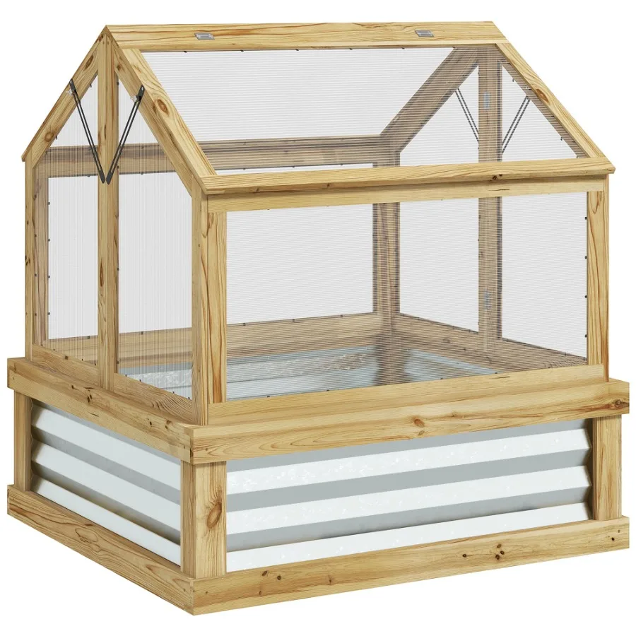 

Raised Garden Bed with Polycarbonate Greenhouse Garden Wooden Cold Frame Greenhouse Flower Planter Protection Peak Roof 35.5 x
