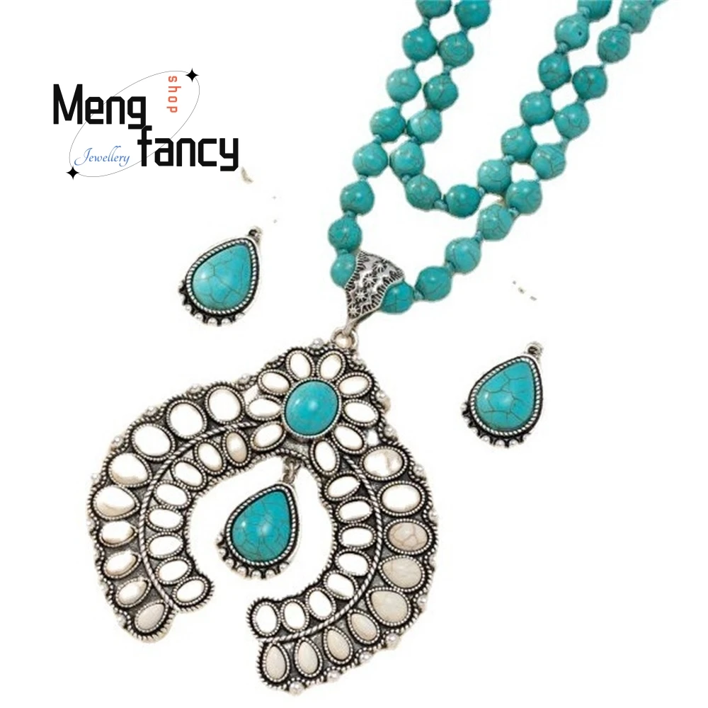 الرجعية ثلاث طبقات زهرة الأقراط، الأقراط الفيروز، النمط الغربي مبالغ فيه الفيروز سبحة صلاة قلادة، مجموعة مجوهرات