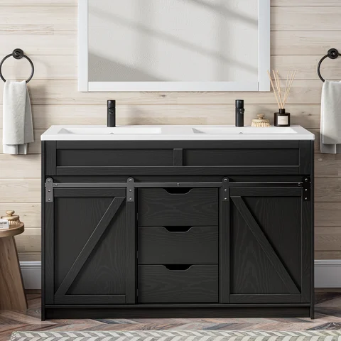 48" Double Sink Bathroom Vanity, Classic Freestanding Vanity with Sliding Barn Doors, 3 Drawers, Open Shelf Storage,for Master Bathroom,White,Black