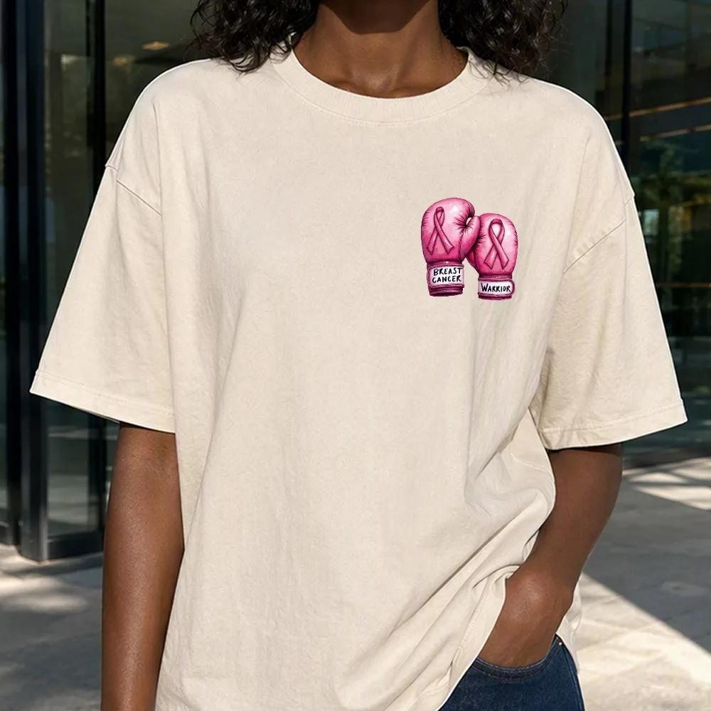 Survivor Warrior Boxing Gloves Tee Women Breast Cancer Awareness Short Sleeve Cotton T-Shirt Pink Crew Neck Graphic Casual Top