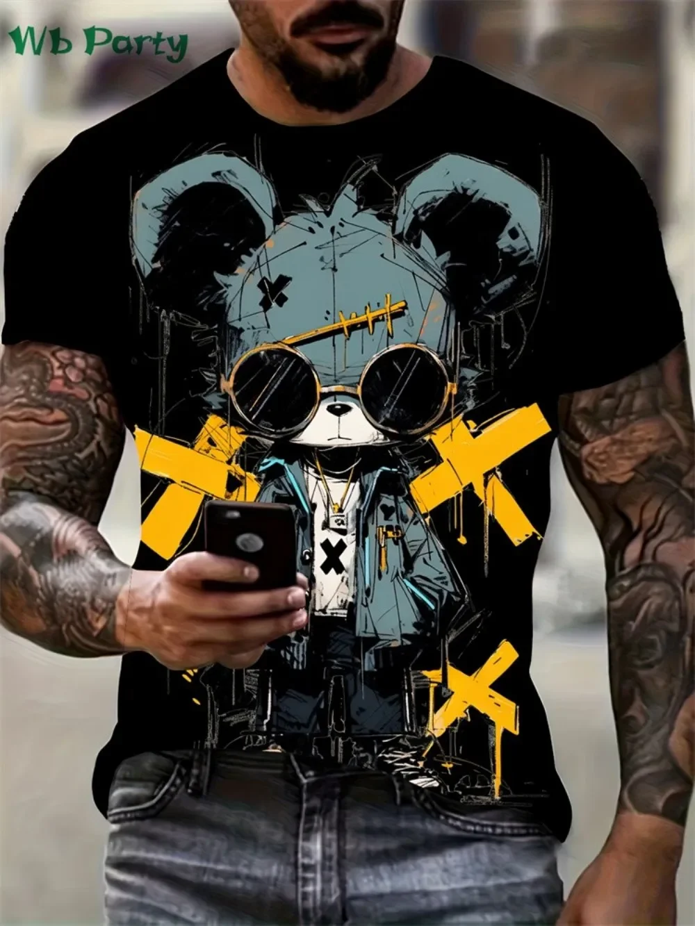 Fashion Men's Hip Hop Bear With Sunglasses Graphic T Shirt 3D Bear Print Streetwear Summer Casual Daily Tops Trend Street Tops