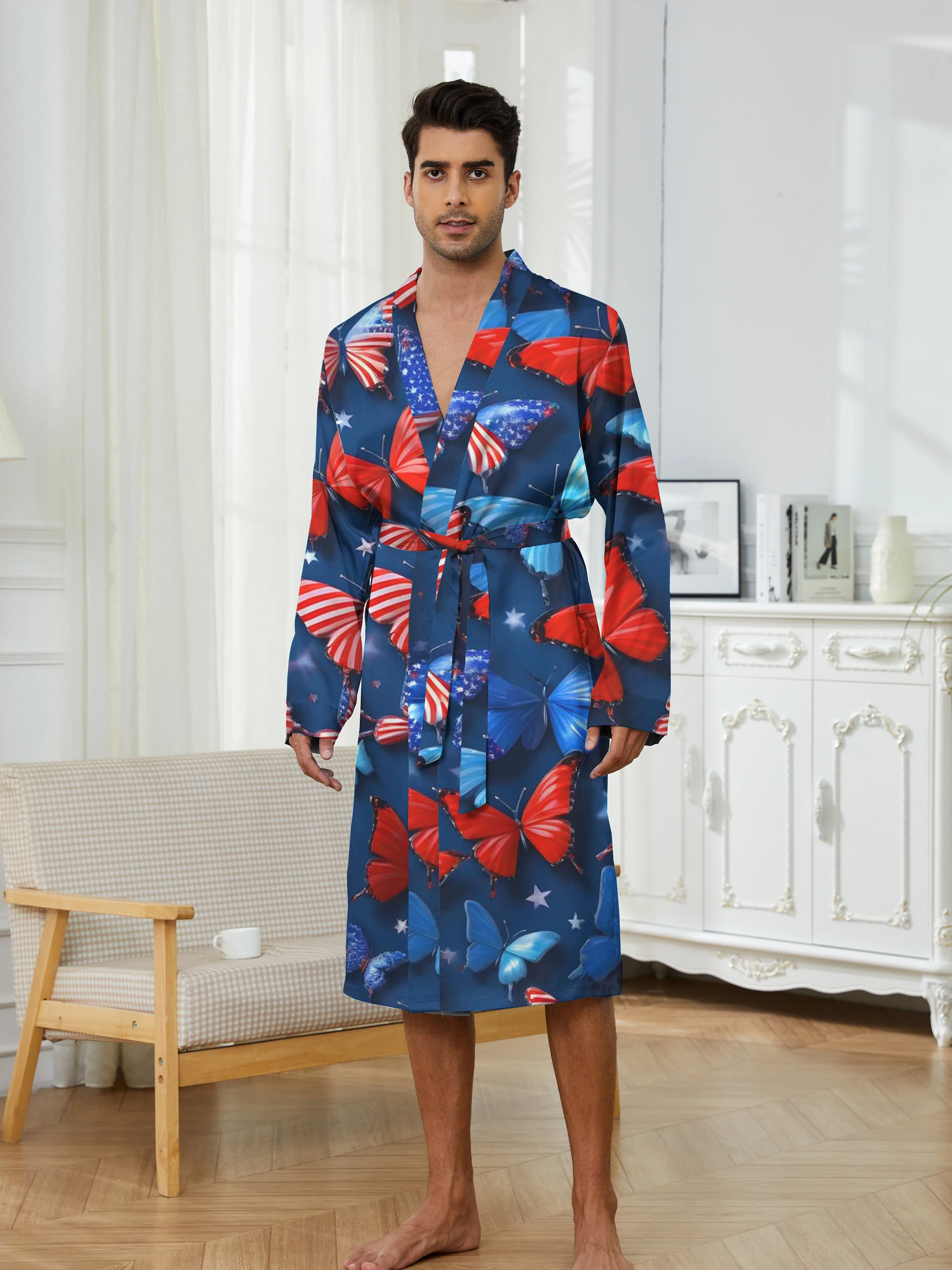 

Весенне-осенний мужской халат с цифровым принтом и узором бабочки, модный и повседневный халат для сна, быстросохнущий