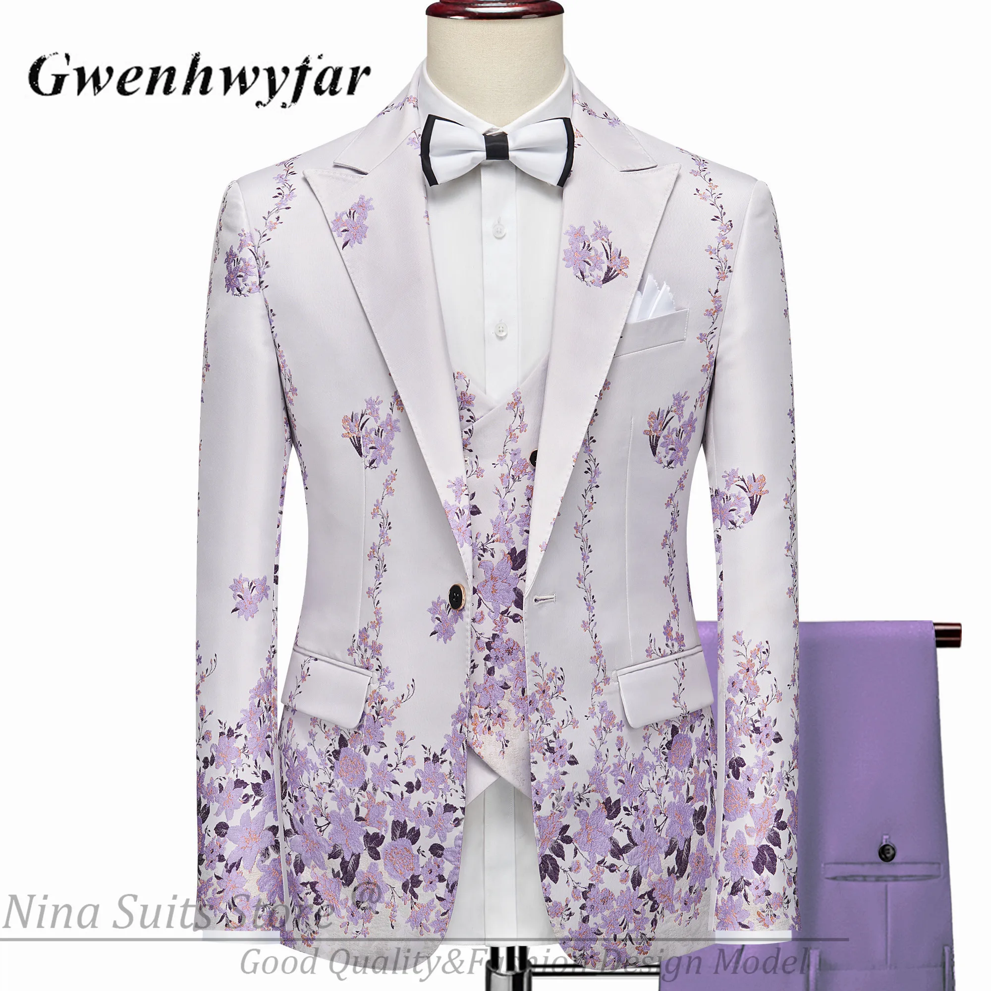 G & N-Blazer con estampado Floral para hombre, de 3 piezas traje Formal, color lila y morado, ajustado, para fiesta, novedad de 2023