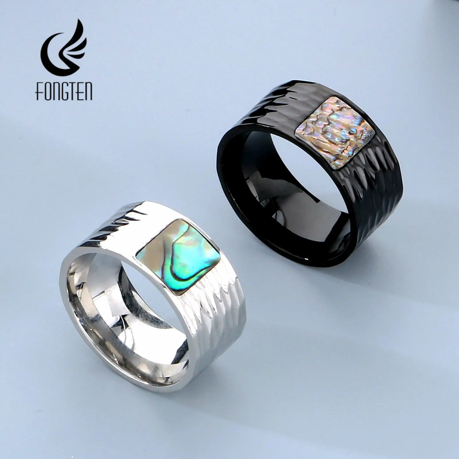 

Fongten 2024 Stainless Steel Men's Metal Ring Hammered Abalone Shellfish Finger Ring Gentlemen's Mainstream Fashion Jewelry