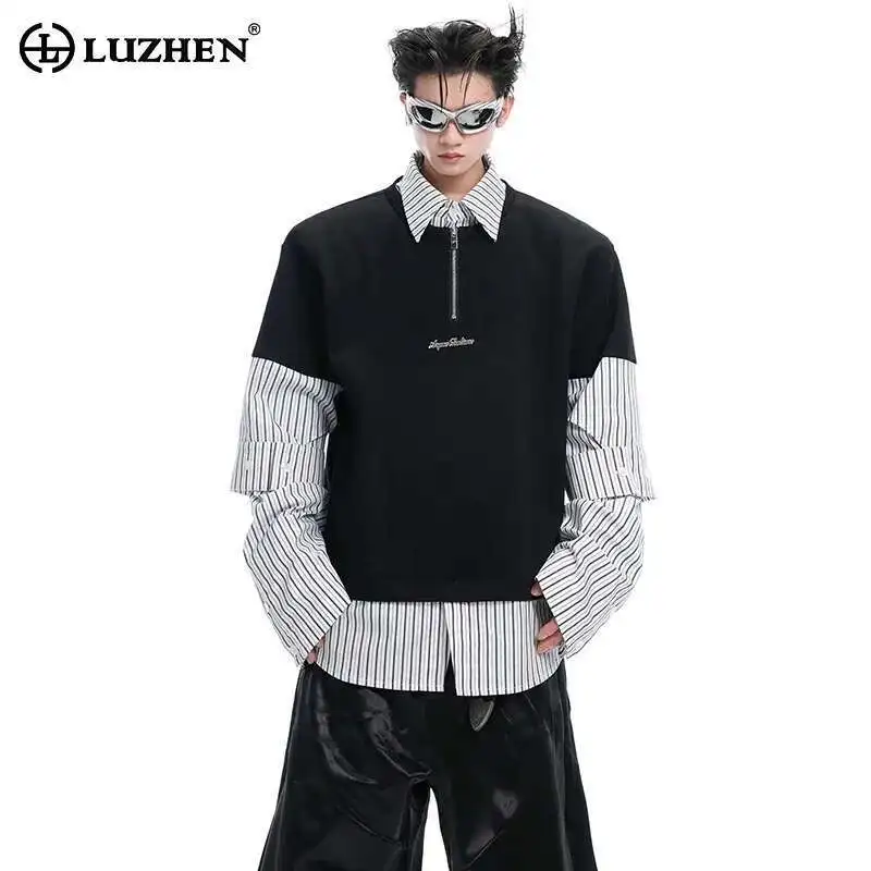

LUZHEN Original Personalized Stripe Printed Splicing Design Long Sleeve Shirts Fake Two Piece Men's 2025 New Male Clothes LZ9910