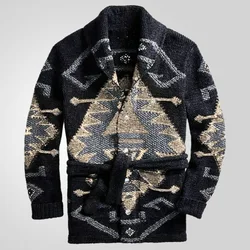 Temperament Menswear American Retro Heavy Jacquard Fashion Knitwear Casual Thickened Medium Long Cardigan Sweater Coat M-3XL