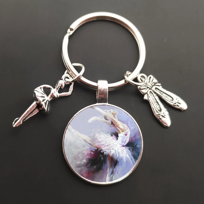 Dancing Girl Ballet gymnastics actions Round glass cabochon keychain Bag Car key chain Ring Holder Charms keychains for gift