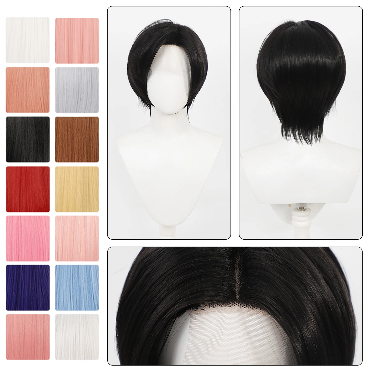 Schwarze kurze Perücke, handgebundene Spitzen-Cosplay-Perücke, mehrere Farben, Mittelteil, synthetische Perücke für Männer, Halloween, Cosplay, Party-Perücken