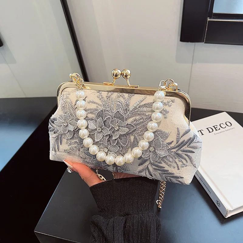 Fashion Elegant Silver Gray Clutch Fine Handmade Flower Embroidery Evening Bag For Women Summer Handbag Prom Party Shoulder Bags