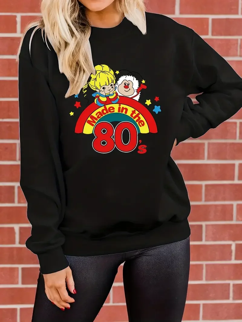 Plus size casual sweatshirt, women plus art monogram print long sleeves round neck medium stretchover sweatshirt