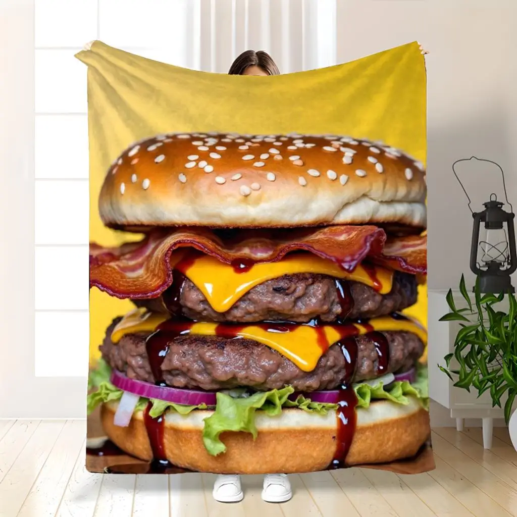 Fun Burger Digital HD Print Flannel Throw Blanket Multiple Sizes Available Soft and Comfortable All-Season Use Versatile for Home Outdoor Camping Sofa Bedroom Decor Perfect Holiday Gift for Christmas or Halloween Birthday Present Blanket, Bed 280GSM