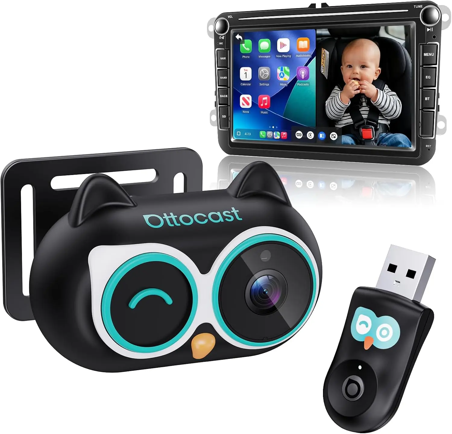 

Автомобильная камера 1080P HD для наблюдения за ребенком с ночным видением, беспроводным адаптером CarPlay, 150° обзором ° Широкоугольная камера для наблюдения за задними сиденьями