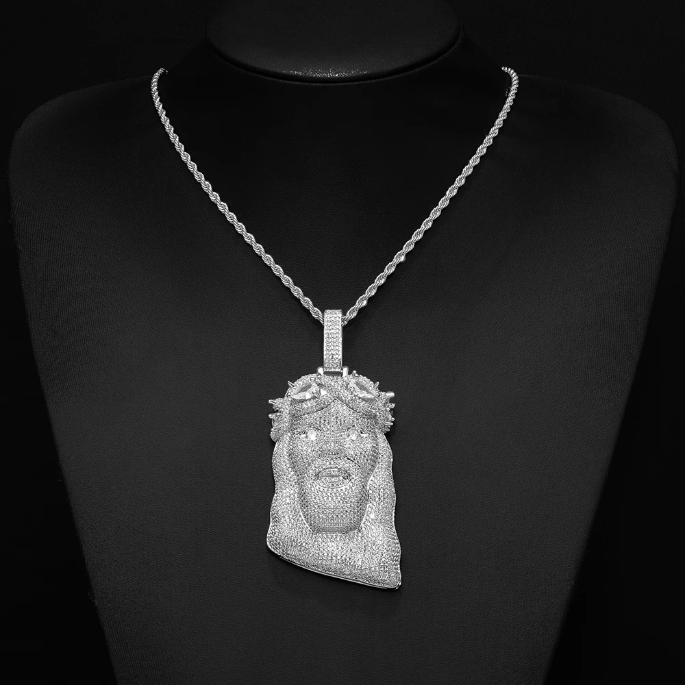 ESKEEM Wholesale New Design Big Jesus Pendant Custom Hip Hop Jewelry Iced Out Full Pave Crown of Thorns Jesus Head Pendant