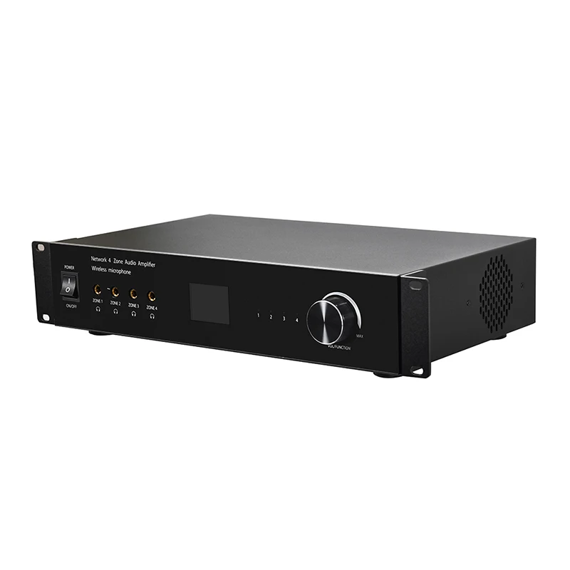 Professional audio 4 Channels wall power network Audio bass Amplifier with Wireless microphone professional streamer