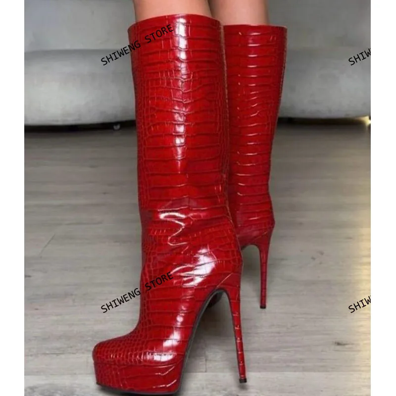 

Platform Red Crocdile Knee High Boots Stiletto Thin High Heel Fashion 2026 Spring Sexy Pointed Toe Zipper Shoes
