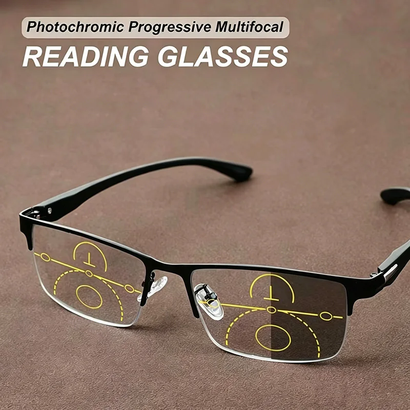 Photochrome Multifokal-Lesebrille mit automatischem Zoom, presbyopische Brille mit mehreren Verwendungsmöglichkeiten, Halbrahmen-Business-Brille 1,0~4,0