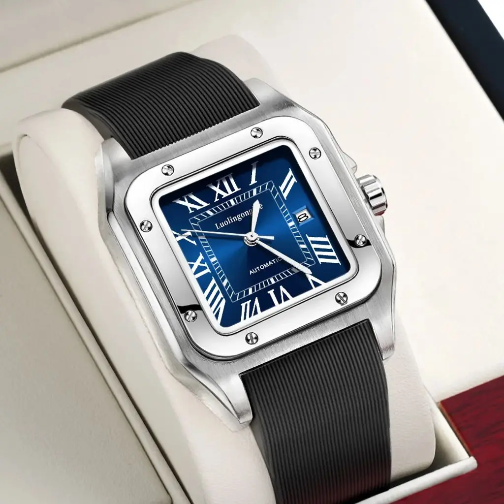 Luxurious Square Automatic Mechanical Watch for Men, Hollow Design, Fashionable Business Casual Versatile Stylish Trendy Men's Wristwatch, the First Choice Gift for Valentine's Day for Your Boyfriend