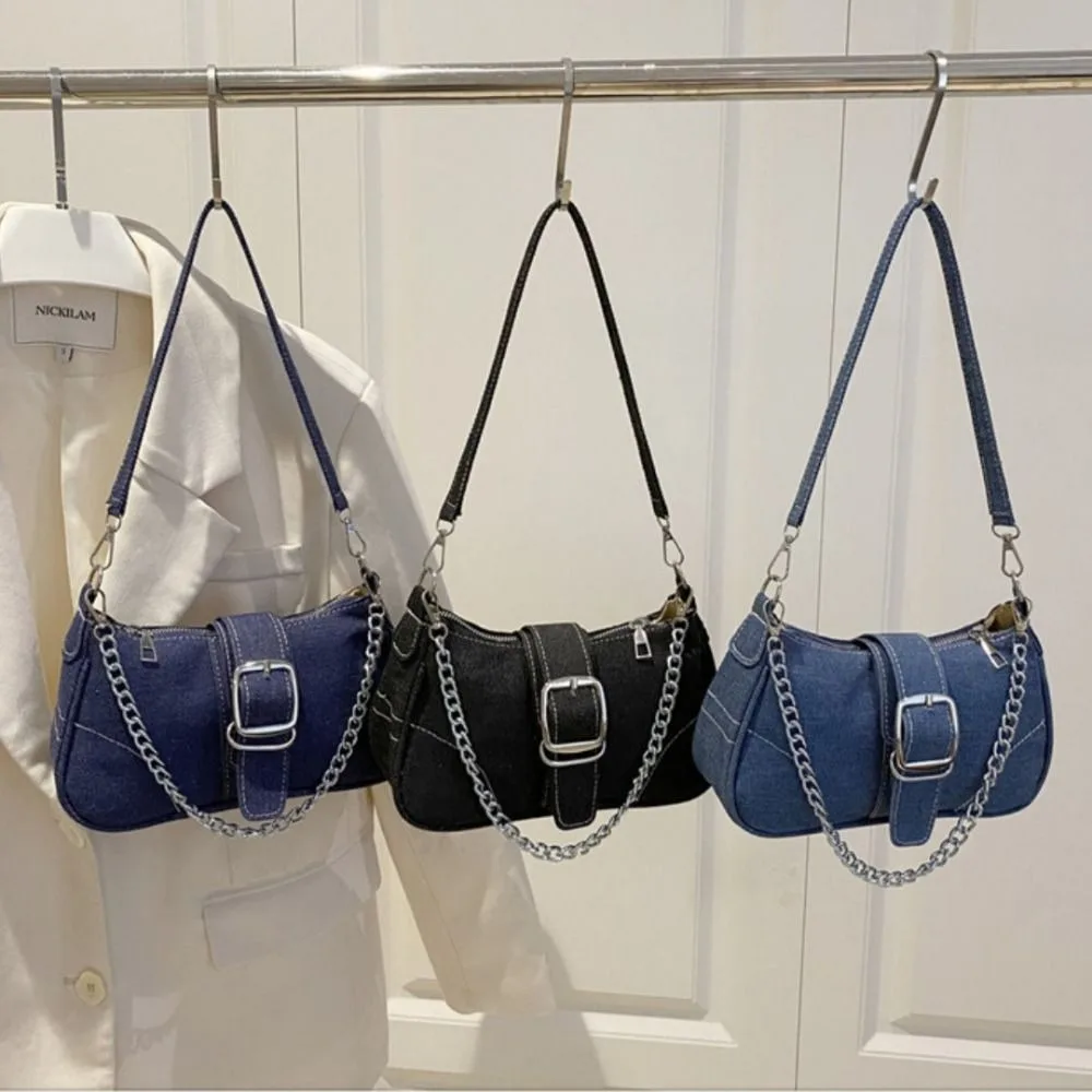 Chain Strap Denim Shoulder Bags Thread Design Portable Size Chain Underarm Bags Square Shape Y2k Square Phone Handbags For Women