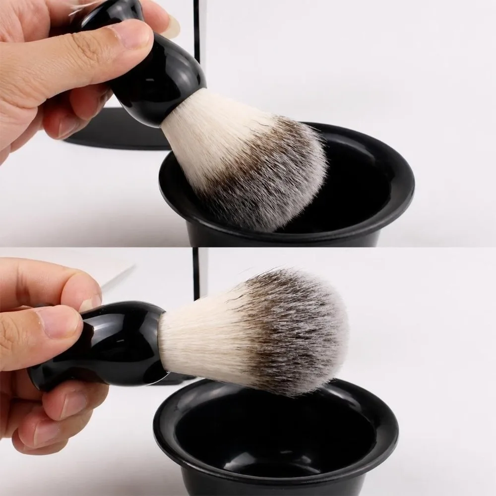 3PCS Nylon Bristle Shaving Brush Set Black 2-in-1 Design Shaving Brush Stand Lathering Bowl Brush Holder Beard Grooming Kit Men