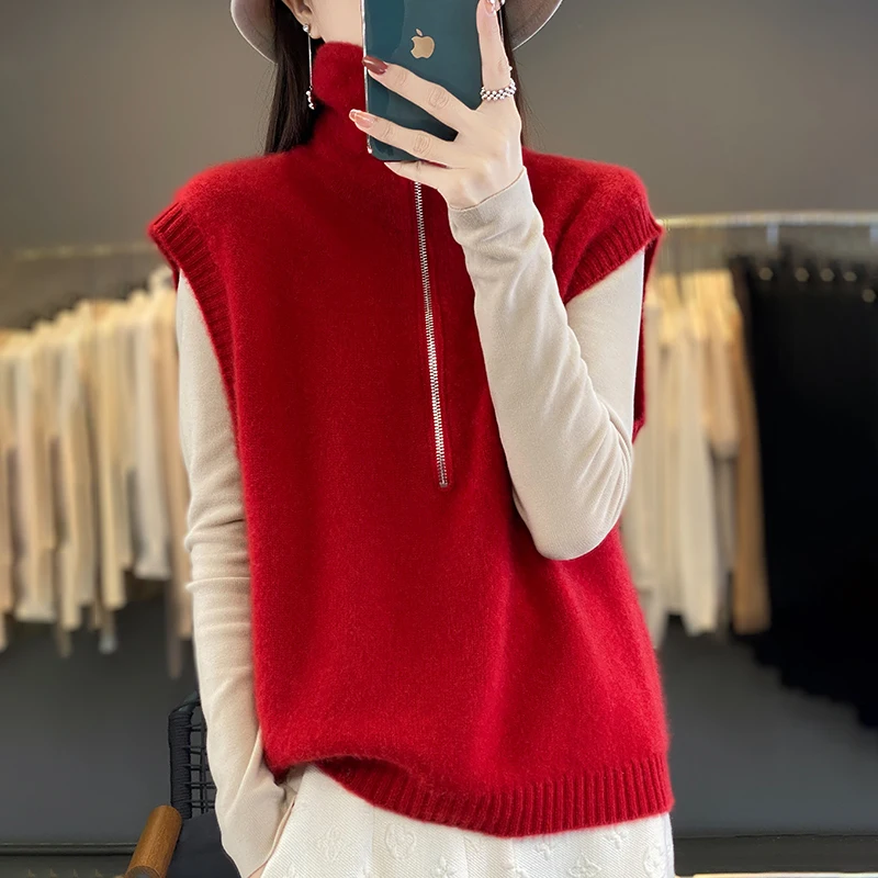 Gilet con risvolto da donna autunno e inverno, maglione pullover senza maniche da donna lavorato a maglia in cashmere, nuovo stile di moda corto,