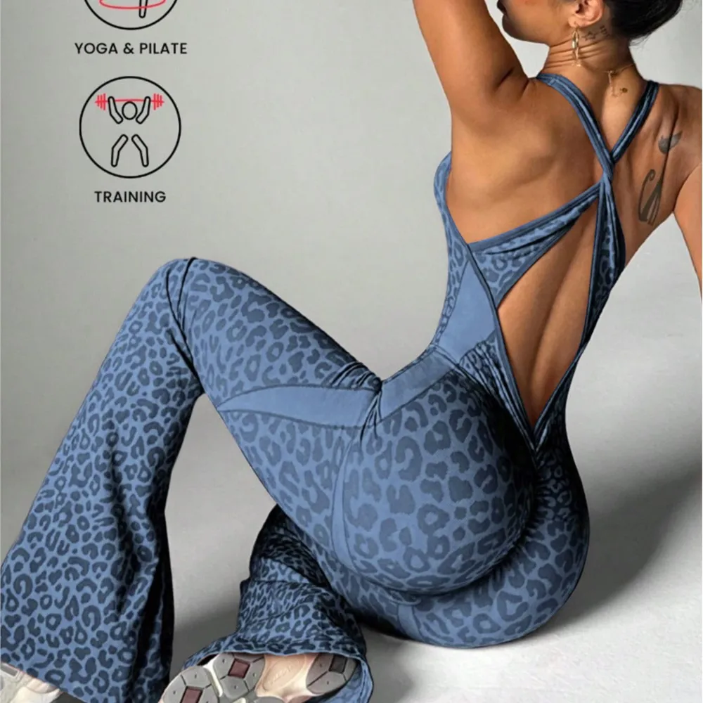 Micro-flare Jumpsuit New Leopard Print Beautiful Back Yoga Wear Women's Casual Outer Wear Fashion Fitness Sports Ropa Para Mujer