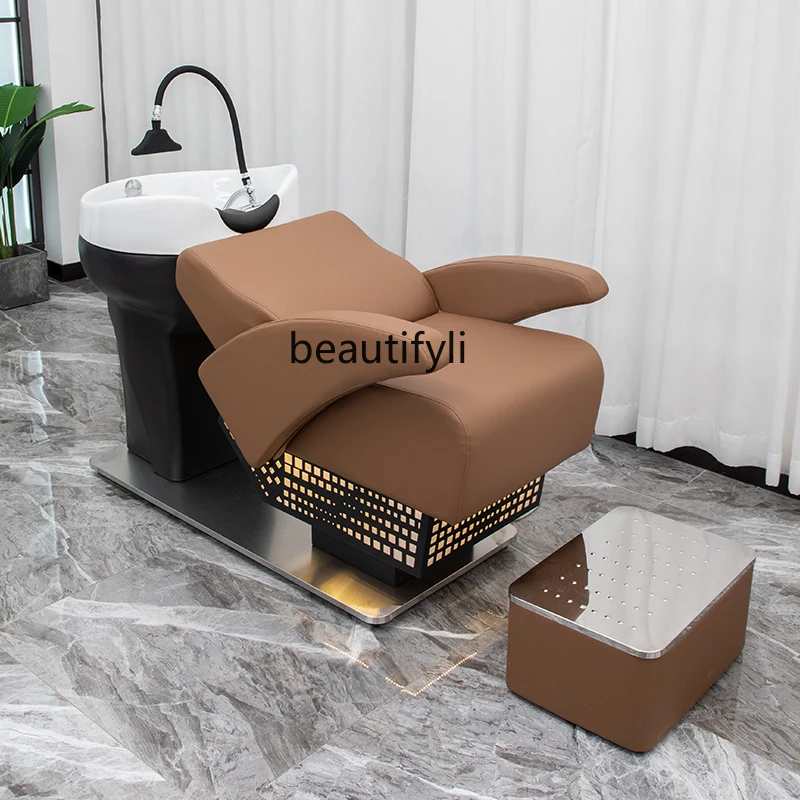 Shampoo Chair Barber Shop Half Lying Flushing Bed for Hair Salon Hairdressing Shampoo Ceramic Basin